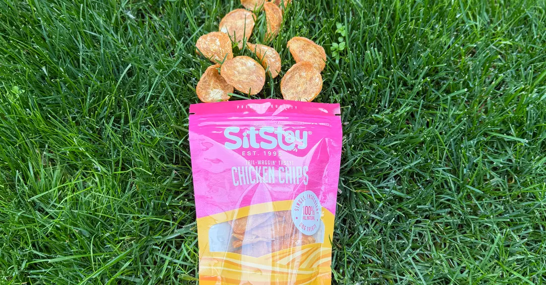 Chicken chips spilling from a SitStay bag lying in the grass