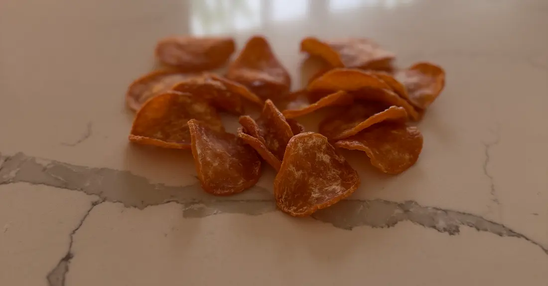 Dehydrated chicken chips on a kitchen counter